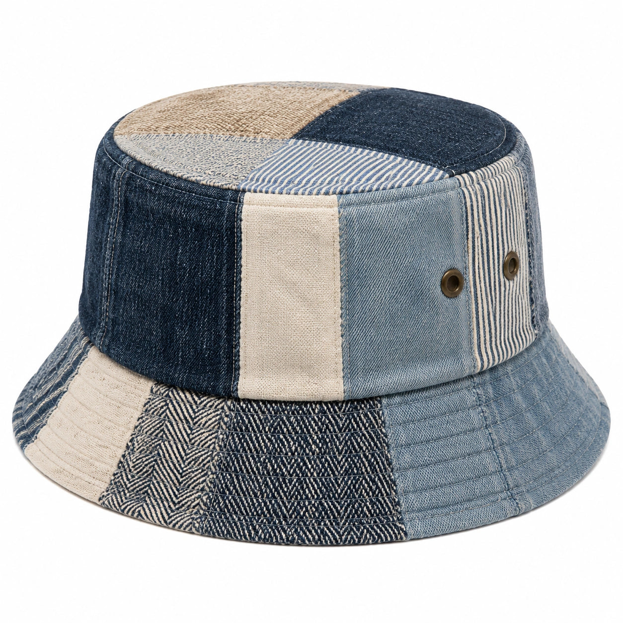 Chapeau bob taille unique en denim bleu et beige patchwork décontracté
