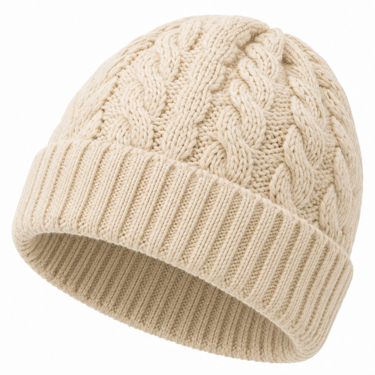 Bonnet en maille taille unique écru à torsades pour adulte