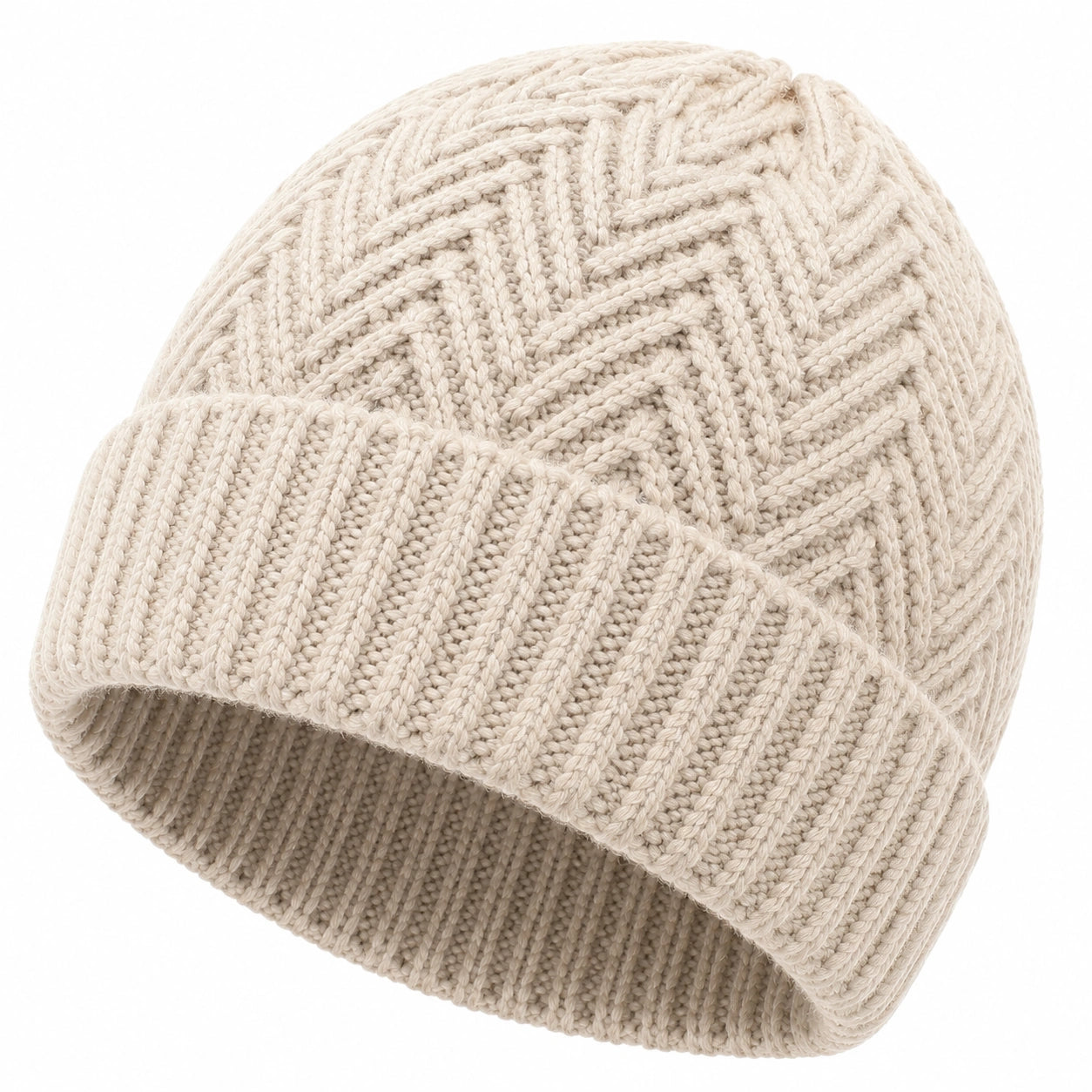 Bonnet en maille textile beige taille unique à revers style torsadé