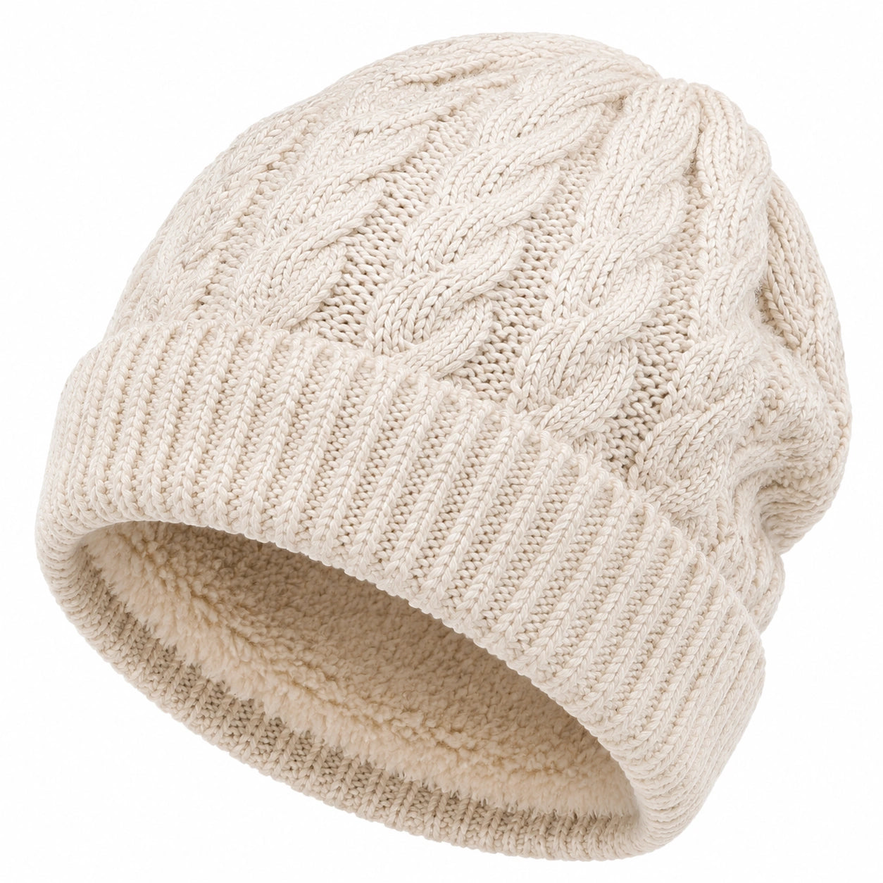 Bonnet en maille torsadée écru taille unique doublé pour hiver
