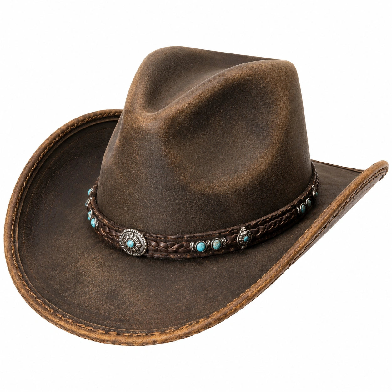 Chapeau cowboy taille unique en matière synthétique marron style western décor turquoise