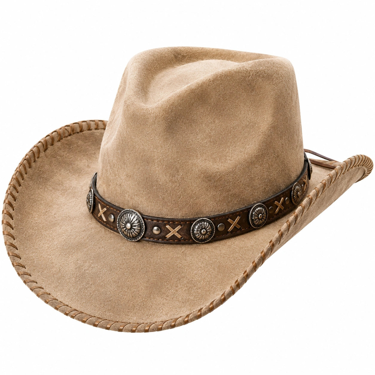 Chapeau cowboy taille unique aspect suédine beige style western avec bande décorative