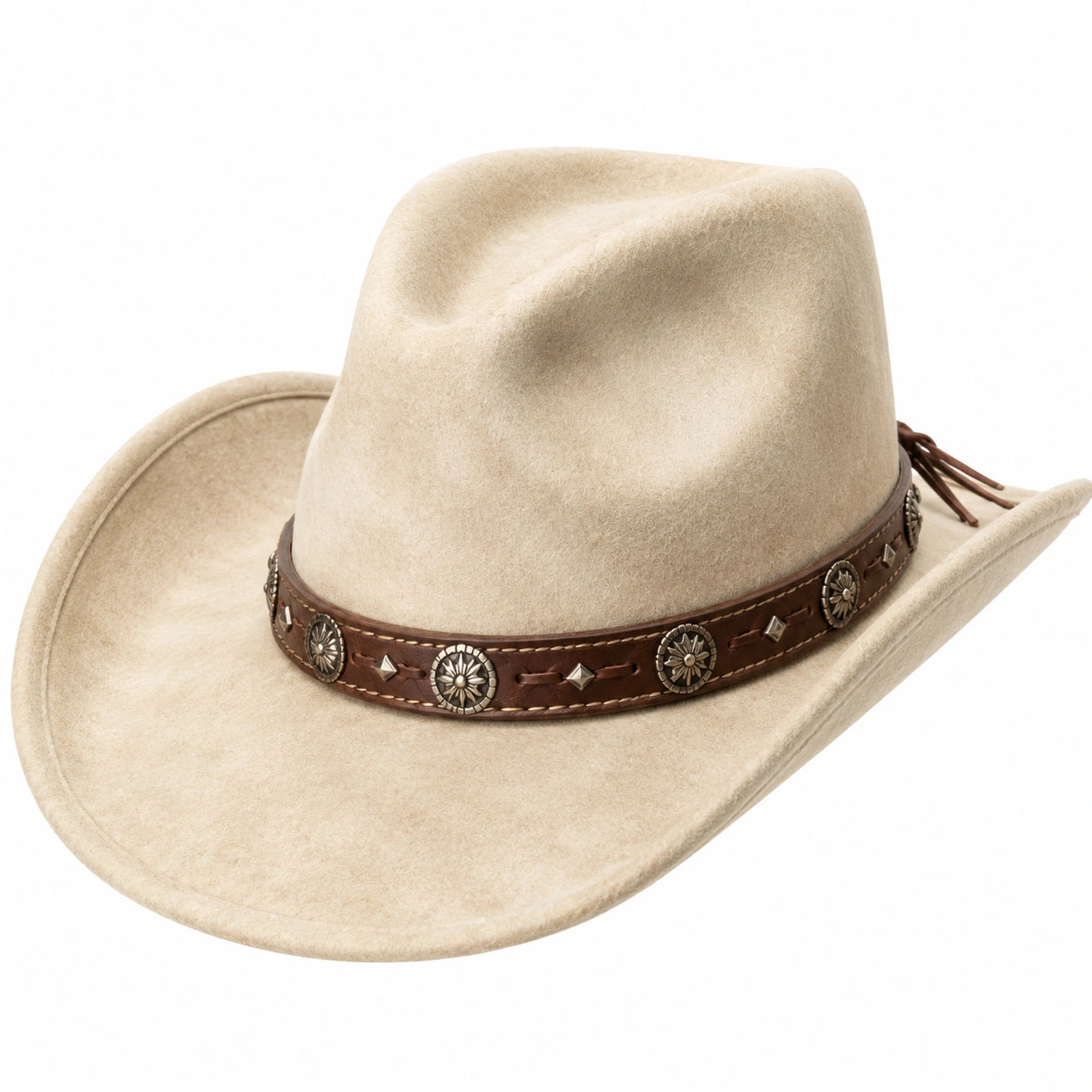 Chapeau cowboy taille unique beige en textile aspect feutré avec bande décorative marron