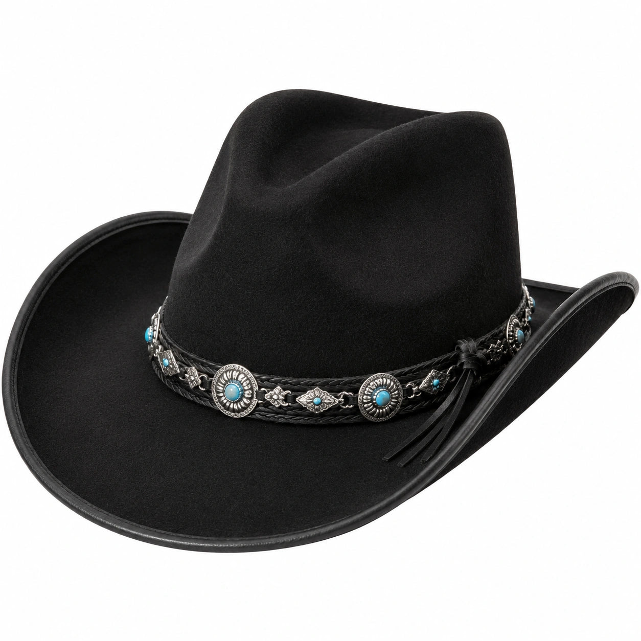 Chapeau à large bord taille unique noir en feutre avec bande décorative ajustable